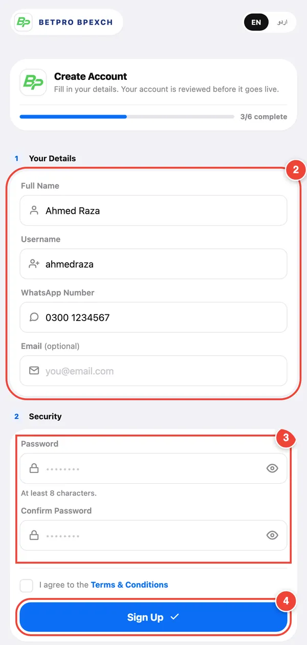 The sign-up form: fill in Your Details (2), set your password (3), then tap Sign Up (4).