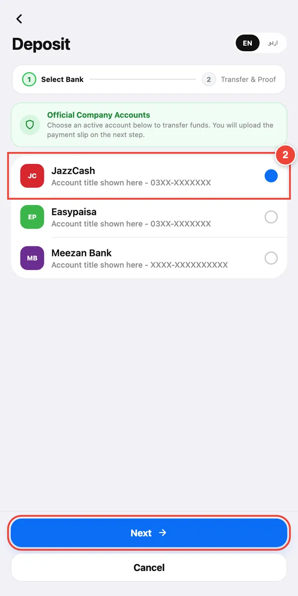 Choose the account you will pay into (2), then tap Next.