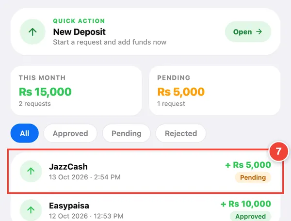 Your deposit shows as Pending (7) until a team member approves it.